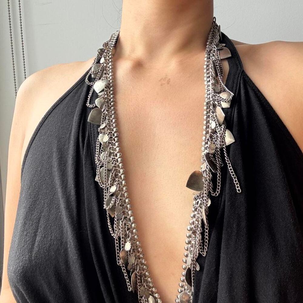 VTG Y2K Silver Tone Multi Chain Heart Charm Long Statement Necklace